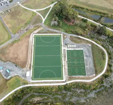 Top view Football field Multi sport built by TigerTurf Artificial Grass