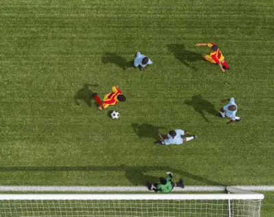 School soccer match, young boys, 8-9 years old, aerial view.