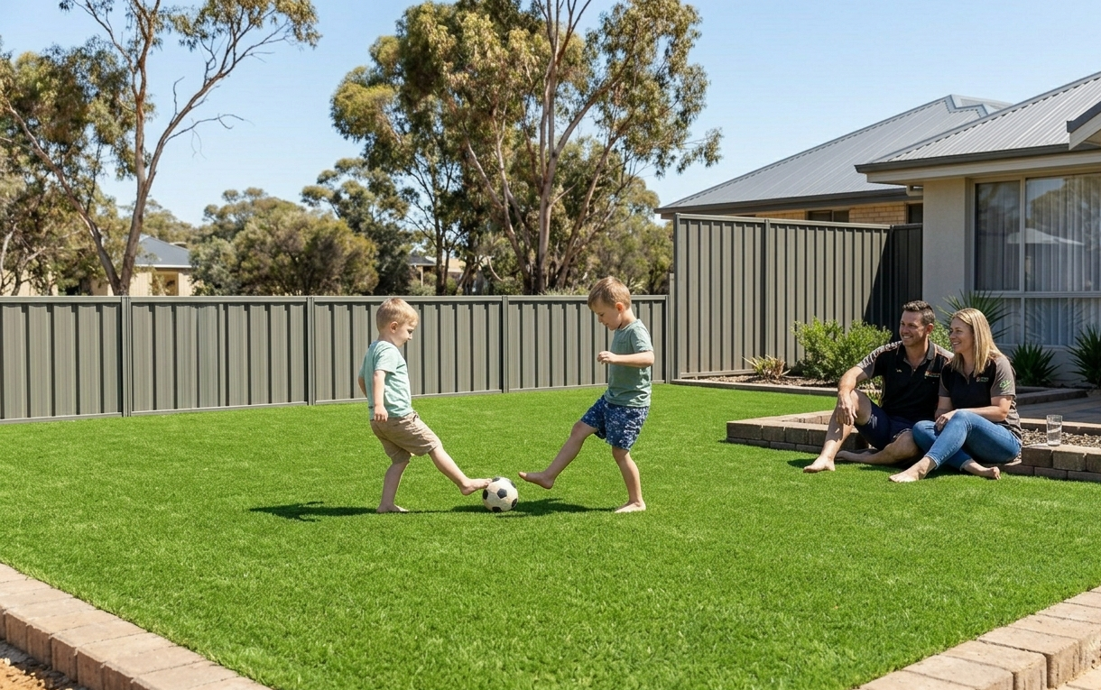 kids playing over artificial grass lawn