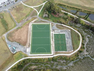 Top view Football field Multi sport built by TigerTurf Artificial Grass