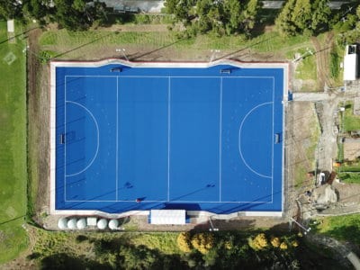 Top view Blue Color Football field Multi sport built by TigerTurf Artificial Grass