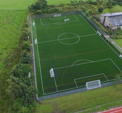 Top view Football field Multi sport built with TigerTurf Artificial Grass