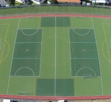 Top view Football field Multi sport built by TigerTurf Artificial Grass
